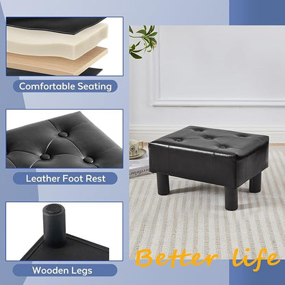 Small Foot Stool Ottoman, Faux Leather Footstool Ottoman Foot Rest for Couch, Rectangle Footstools and Ottomans Small for Living Room, Entryway and Bedroom (Black)