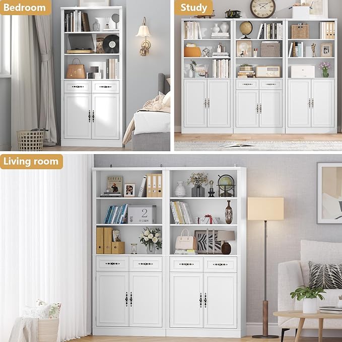 72'' Tall Bookcase with Doors and Drawers, Adjustable Shelves, P2 MDF Construction, 32'' Wide Freestanding Cabinet with Metal Handles, Hidden Storage for Living Room, Bedroom, White
