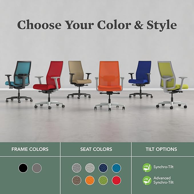 HON Ignition 2.0 Mid Back Task Chair, Spectrum Mesh, Advanced Synchro-Tilt Control, Office Chair with Lumbar Support, Height and Width Adjustable Arms, Black Frame, Linen