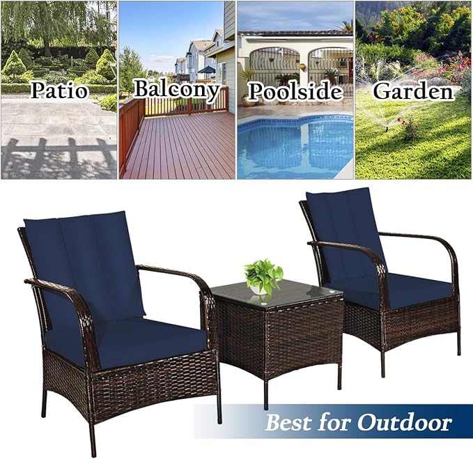 COSTWAY 3 Pieces Patio Rattan Furniture Set, Outdoor Conversation Chair Set with Coffee Table & 2 Cushions for Backyard, Porch, Poolside, Lawn, Garden, Navy