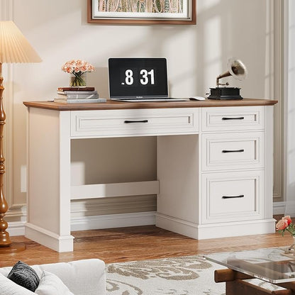 Farmhouse 47" Executive Desk, Computer Desk with Drawers and File Drawer, Workstation Computer Desk with Charging Station for Home Office,Study (Unique White)
