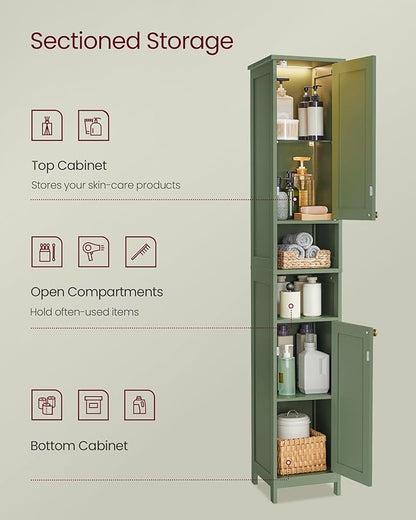 VASAGLE Tall Storage Cabinet with Lights, Slim Freestanding Cabinet with Adjustable Shelves, for Small Spaces, Bathroom, Living Room, Modern, 15.7 Inches Wide, Forest Green UBBC766C01