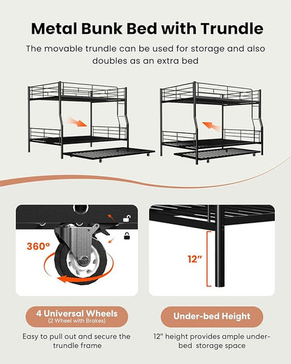 Full XL Over Queen Bunk Bed with Trundle, Heavy-Duty Queen Bunk Bed with with Safety Ladder and Full-Length Guardrail, Convertible to 3 Beds for Teens and Adults, Black