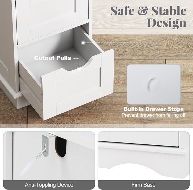 Giantex Bathroom Storage Cabinet with 4 Drawers, 32" Freestanding Storage Organizer Unit with Cutout Handles, Anti-Tipping Device, Narrow Floor Cabinet for Hallway, Living Room, Entryway (White)
