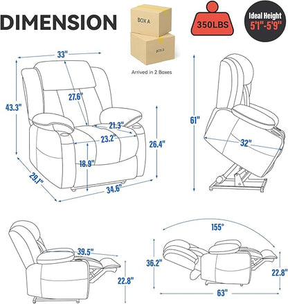 Power Lift Recliner Chair, 350lb Capacity with 8-Point Massage & Heating, USB/Type-C Ports & Cup Holders, Heavy Duty Chenille Recliner for Elderly, Brown