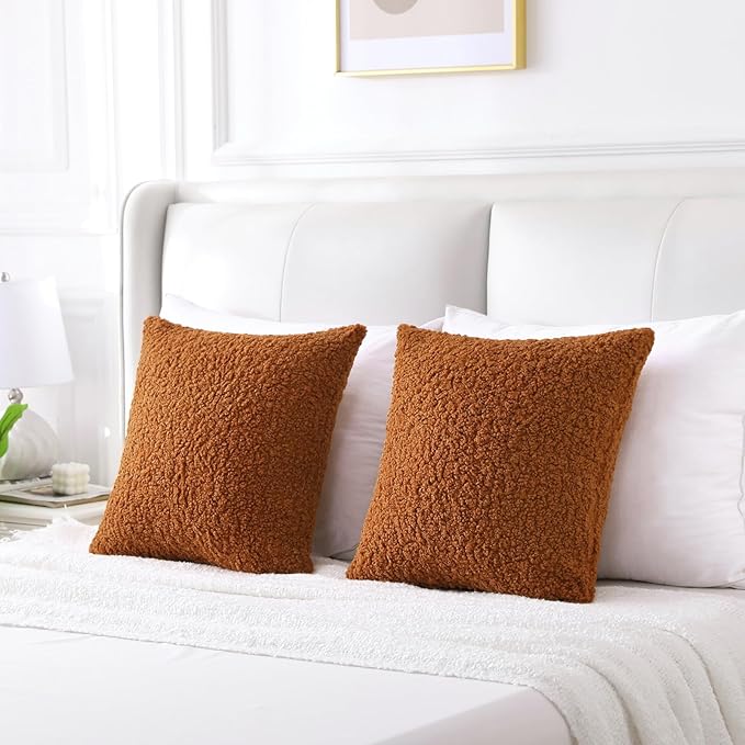 FUTEI Rust Throw Pillow Covers 26x26 Inch Set of 2,Furry Faux Fur Teddy Boucle Textured Cushion Covers,Soft Fluffy Decorative Euro Pillow Shams,Home Decor for Couch Bed Living Room Office Car