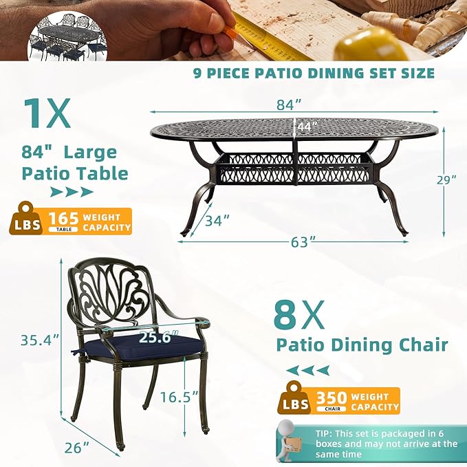 MEETWARM 9-Piece Outdoor Patio Dining Set, 8 Outdoor Dining Cushioned Chairs and 1 Oval Table with 2" Umbrella Hole, All Weather Cast Aluminum Patio Funiture Set for Backyard, Patio, Garden, Navy Blue