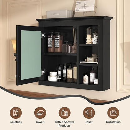 Bathroom Wall Cabinet with Mirror, 30'' x 28'' Medicine Cabinet with Mirror Door and Adjustable Shelves, Over Toilet Storage Cabinet, Wall-Mounted Bathroom Mirrors for Over Sink with Storage