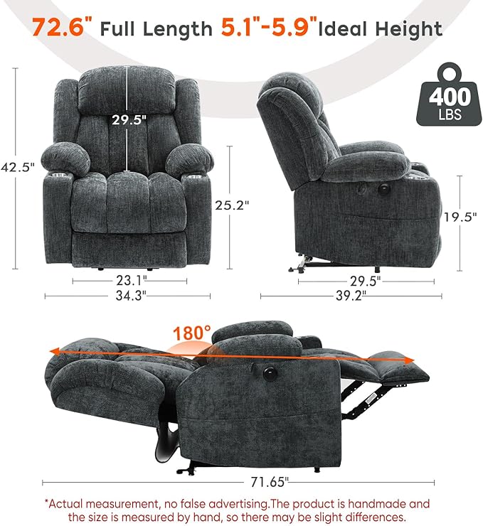 ABCASA Large Dual Motor Lay Flat Power Lift Recliner Chair for Elderly with Heat ＆ Massage, Comfortable Chenille Recliner, Cup Holder, Side Pocket,USB-A ＆ C Ports, Gray Blue