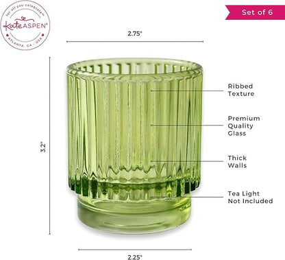 Kate Aspen Vintage Ribbed Glass Candle Holder Decor, Green Votive Candle Holders for Holiday Table Decor, Tealight Candles Holder Glass (Set of 6), Dinning & Christmas Table Decoration Tablescape