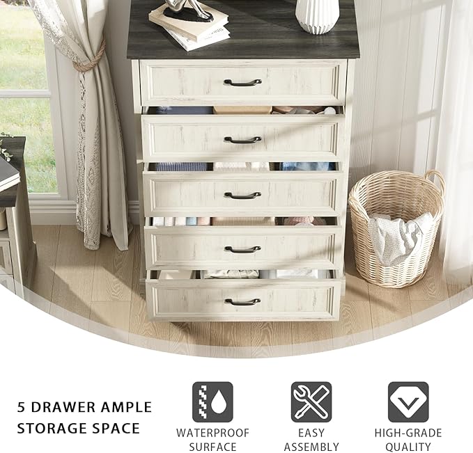 CARPETNAL Farmhouse 5 Drawers Dresser for Bedroom, 44" Tall White Dresser Wood Rustic Chest of Drawers with Wide Metal Handle,Natural Texture,Drawer Organizer for Bedroom,Living Room,Hallway