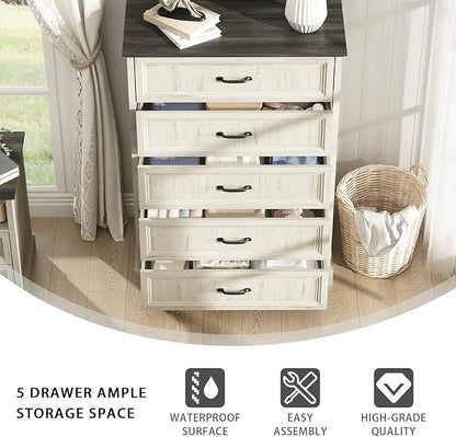 CARPETNAL Farmhouse 5 Drawers Dresser for Bedroom, 44" Tall White Dresser Wood Rustic Chest of Drawers with Wide Metal Handle,Natural Texture,Drawer Organizer for Bedroom,Living Room,Hallway