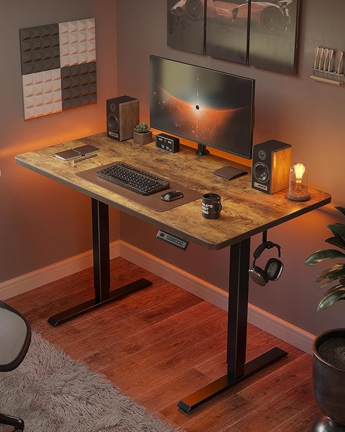 FEZIBO One-Piece Standing Desk Adjustable Height Stand up Home Office Desk, 48x24 Inch Electric Standing Computer Desk, with 4 Memory Presets, Headphone Hook, Rustic Brown
