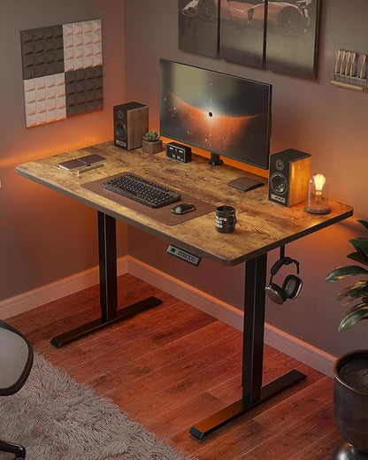 FEZIBO One-Piece Standing Desk Adjustable Height Stand up Home Office Desk, 48x24 Inch Electric Standing Computer Desk, with 4 Memory Presets, Headphone Hook, Rustic Brown