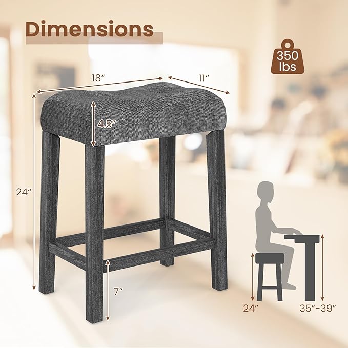COSTWAY Wooden Saddle Stools Set of 4, 24-inch Counter Height Upholstered Backless Bar Stools with Solid Rubber Wood Legs, Padded Seat, Farmhouse Dining Chairs for Kitchen Island, Cafe, Grey