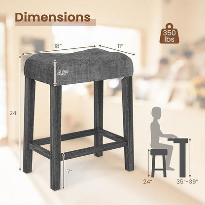 COSTWAY Wooden Saddle Stools Set of 4, 24-inch Counter Height Upholstered Backless Bar Stools with Solid Rubber Wood Legs, Padded Seat, Farmhouse Dining Chairs for Kitchen Island, Cafe, Grey