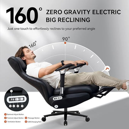 EMIAH Ergonomic Office Chair with Foot Rest Electric Reclining Office Chair with Adjustable Headrest, 8D Coordinated Armrests High Back Computer Desk Chair with Lumbar Support, Genuine Leather(Black)