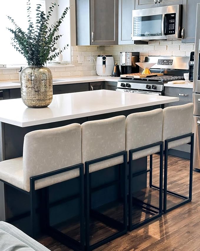 PHI VILLA Light Grey Bar Stools Set of 4, Counter Height Bar Stool Faux Leather Kitchen Bar Chairs, 24 inch Barstools with Back