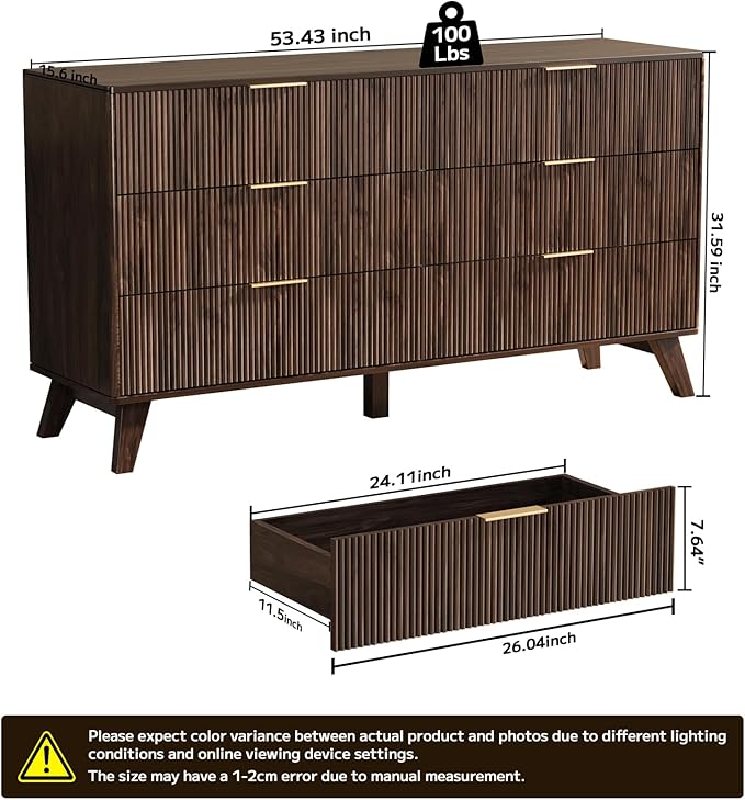 6 Drawer Dresser, 53.43 Inch Fluted Wood Double Dresser Curved Design Wide Storage Organizer Cabinet Mid Century Modern Chest Dressers for Bedroom Living Room Entryway(Walnut)