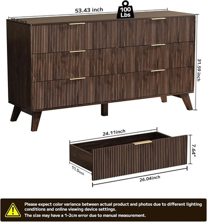 6 Drawer Dresser, 53.43 Inch Fluted Wood Double Dresser Curved Design Wide Storage Organizer Cabinet Mid Century Modern Chest Dressers for Bedroom Living Room Entryway(Walnut)