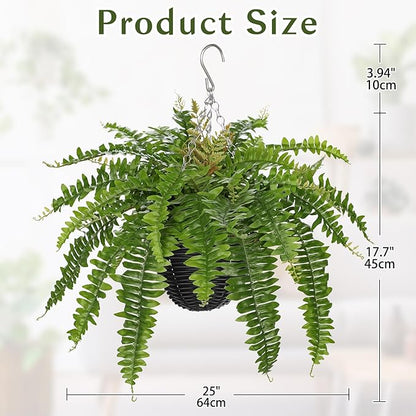 Hollyone Artificial Fern Hanging Basket Plant 25" Boston Ferns 31 Leaves Greenery Plants with Rattan Pot for Outdoors & Indoor Fake Fern Bush Plant in Pot for Patio Entrance Porch Garden Decor Green