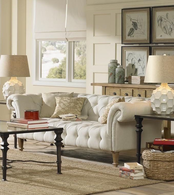Possini Euro Design Cosgrove Mid Century Modern Table Lamp 26.5" High Ceramic White Glaze Light Brown Linen Drum Shade Decor for Living Room Bedroom House Bedside Nightstand Home (Color May Vary)