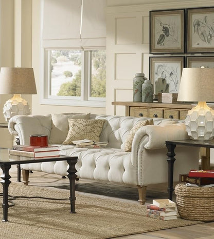 Possini Euro Design Cosgrove Mid Century Modern Table Lamp 26.5" High Ceramic White Glaze Light Brown Linen Drum Shade Decor for Living Room Bedroom House Bedside Nightstand Home (Color May Vary)