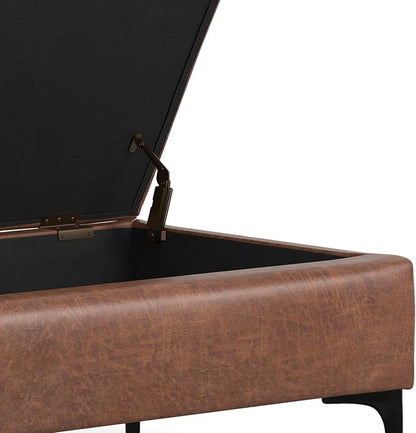 SIMPLIHOME Rebecca 48 inch Wide Mid Century Modern Rectangle Large Coffee Table Storage Ottoman with Lift up Lid in Distressed Saddle Brown Faux Leather for The Living Room, Entryway and Family Room
