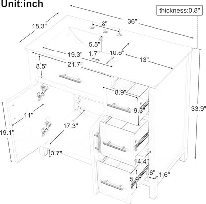 Favfurish 36" Bathroom Vanity with Sink Combo,Bathroom Vanity Cabinet with Two Soft-Closing Doors and Four Drawers,Free Stading Vanities w/Gold Handler,for Bathroom,Easy Assembly,White
