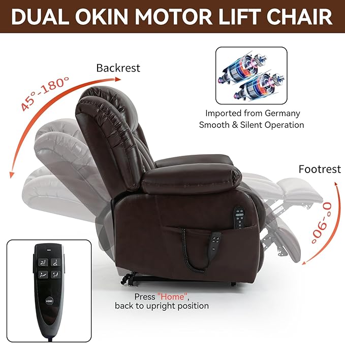 Luxlen Electric Power Lift Recliner Chair with Vibration Massage and Heat, Leather Reclining Chairs for Elderly with Remote Controls, Side Pockets, Big and Tall Recliner, Brown