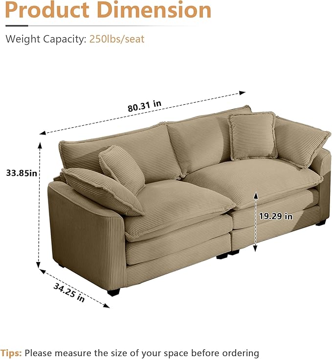 mikibama Luxury 2 Piece Sofa Set, 2 Pieces of Loveseat Couch, Modern Corduroy Comfy Cloud Couches Set for Living Room Office with 4 Armrest Pillows and 4 Toss Pillows, Camel