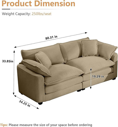 mikibama Luxury 2 Piece Sofa Set, 2 Pieces of Loveseat Couch, Modern Corduroy Comfy Cloud Couches Set for Living Room Office with 4 Armrest Pillows and 4 Toss Pillows, Camel