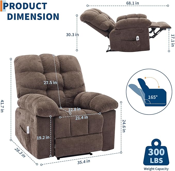 Recliner Rocking Chair with Massage and Heat, Wide Overstuffed Ergonomic Fabric Recliner with Breathable Upholstery, 2 Side Pockets & Remote Control for Living Room or Bedroom