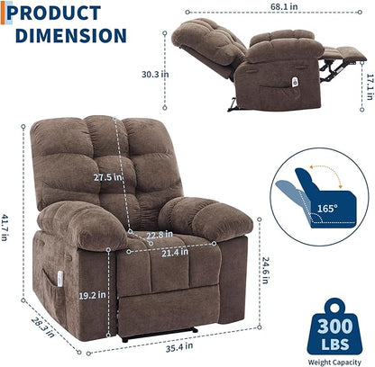 Recliner Rocking Chair with Massage and Heat, Wide Overstuffed Ergonomic Fabric Recliner with Breathable Upholstery, 2 Side Pockets & Remote Control for Living Room or Bedroom