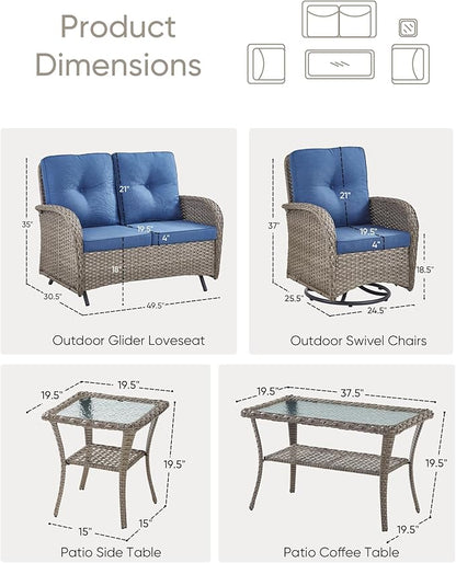 HUMMUH Patio Furniture Wicker Outdoor Furniture Sets High Back Outdoor Glider Bench with Patio Swivel Chairs Patio Conversation Sets for Deck Lawn Porch Balcony Poolside-Grey/Blue