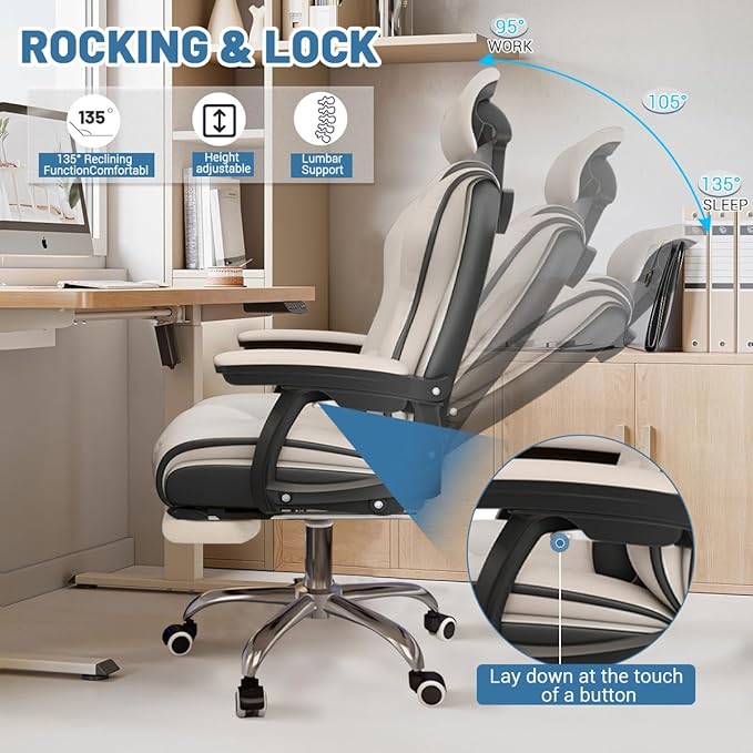 Executive Computer Chair Home Office Desk Chair,Adjustable Angle, Ergonomic Adjustable Height PU Leather Chairs with Cushions Armrest for Long Time Seating-High Office Chair with Footrest