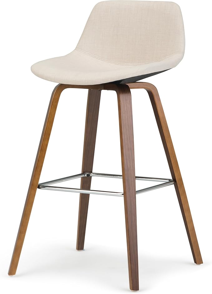 SIMPLIHOME Randolph Counter Stools (Set of 2) - 28 Inch Seat Height Upholstered Bentwood Kitchen Seats in Natural Linen Look Fabric, Mid Century Modern Seating with Curved Backrest and Chrome Footrest