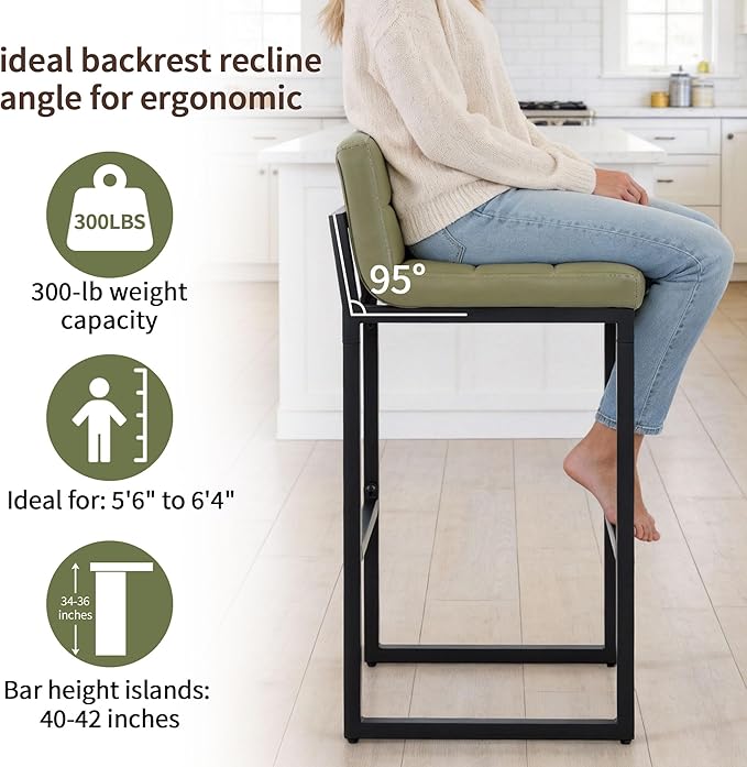 Bar Stools Set of 3, Modern Tall Counter Height Barstools with Back and Thickened Metal Legs, 30" Faux Leather Bar Chairs for Kitchen Island, Bar, Counter (Avocado Green, 3Pcs 30" Bar Stools)