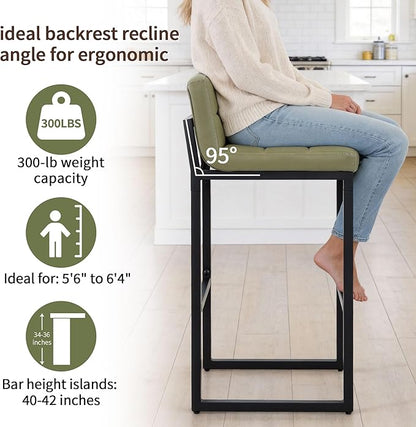 Set of 2 Bar Stools, Modern Counter Stool, Upholstered Faux Leather Barstools with Back, Comfortable 30-inch Seat Height Island Chairs for Kitchen Island (Avocado Green, 2Pcs 30" Bar Stools)