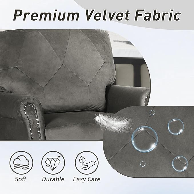 Accent Chair for Living Room, Mid-Century Modern Upholstered Armchair, Comfy Velvet Chair w/Wood Legs & Nailhead Trim, Wingback Chair for Bedroom, Grey