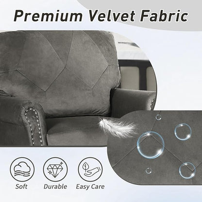 Accent Chair for Living Room, Mid-Century Modern Upholstered Armchair, Comfy Velvet Chair w/Wood Legs & Nailhead Trim, Wingback Chair for Bedroom, Grey