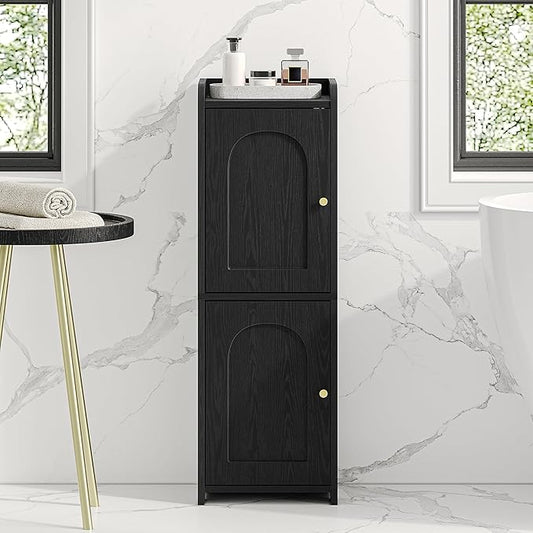Bathroom Storage Cabinet, Corner Floor Cabinet with 2 Doors and Adjustable Shelf, Narrow Toilet Paper Cabinets, Bathroom Organizer for Small Spaces, 7.9" D x 9.8" W x 29.5" H Black