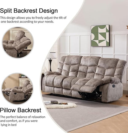 CANMOV Manual Reclining Sofa, 3 Seat Recliner Sofa with Armrest and Overstuffed Backrest, Couch Set for Living Room, Bedroom, Office, Light Brown