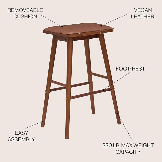JONATHAN Y BSL2002A Peroni 30.5" MidCentury Classic Saddle-Seat Solid Wood/Vegan Leather Backless Bar Stool for Home, Kitchen, Cafes and Resturants with Removeable Cushion, Chestnut Brown