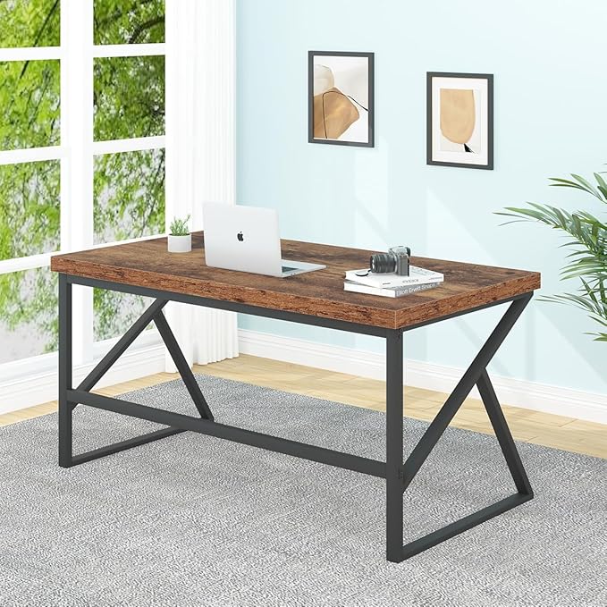 HSH Rustic Computer Desk, Large Executive Writing Study Work Desk for Home Office, Industrial Metal Wooden PC Laptop Long Desk Workstation, Modern Bedroom Living Room Table, Rustic Brown, 60 Inch