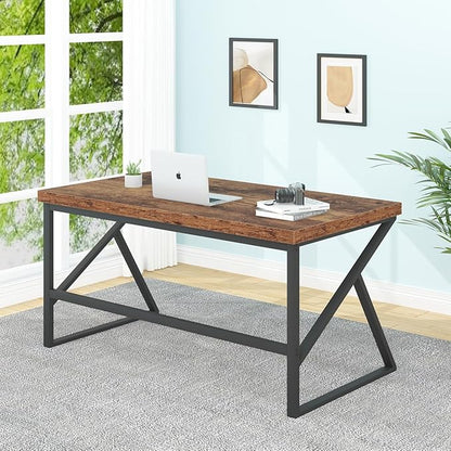 HSH Rustic Computer Desk, Large Executive Writing Study Work Desk for Home Office, Industrial Metal Wooden PC Laptop Long Desk Workstation, Modern Bedroom Living Room Table, Rustic Brown, 60 Inch