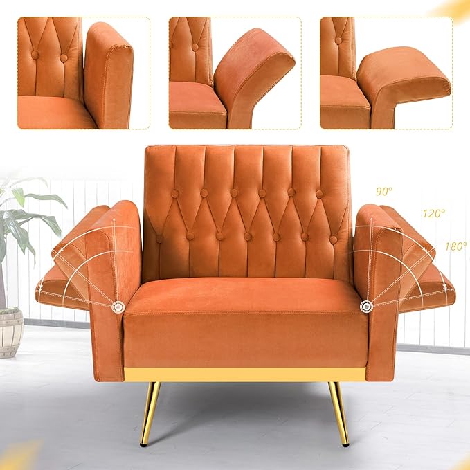 Velvet Accent Chair w/Adjustable Armrests and Backrest, Button Tufted Lounge Chair, Single Recliner Armchair with Ottoman and Pillow for Living Room, Bedroom,Orange