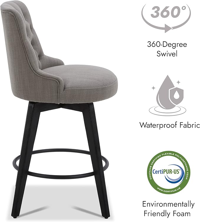 Watson & Whitely Counter Height Bar Stools, Performance Fabric Upholstered Modern Swivel Barstool with Back, Solid Wood Legs, 26" H Seat, Flint Grey