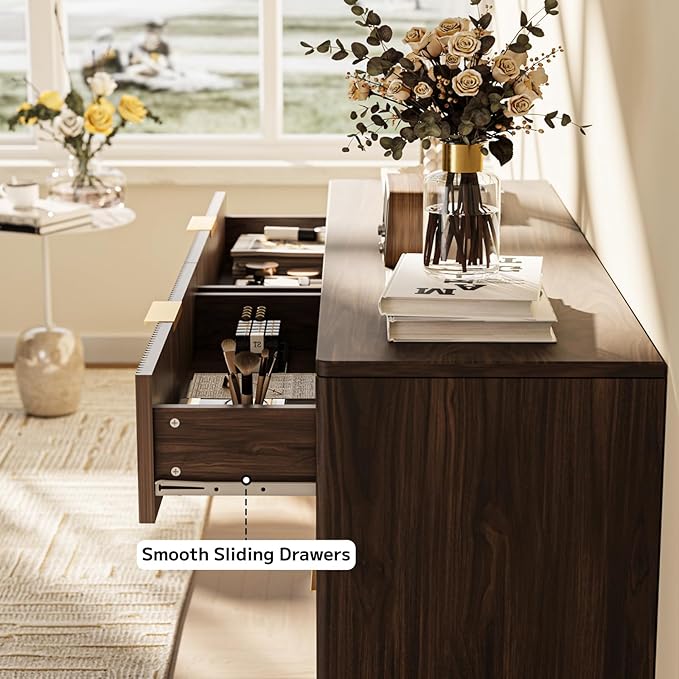 6 Drawer Dresser, 53.43 Inch Fluted Wood Double Dresser Curved Design Wide Storage Organizer Cabinet Mid Century Modern Chest Dressers for Bedroom Living Room Entryway(Walnut)
