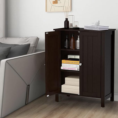 COSTWAY Bathroom Floor Cabinet - Freestanding Side Storage Organizer with Double Doors & Adjustable Shelf, Wooden Storage Cabinet for Living Room, Bedroom, Kitchen, Entryway (Brown)